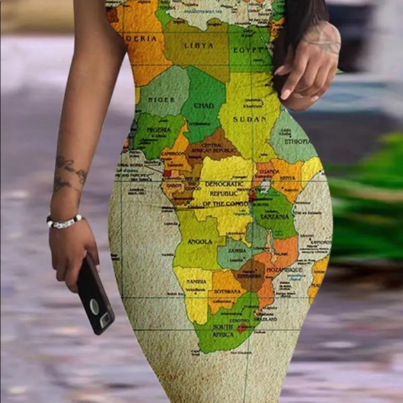 🎉New Chic Sexy The World Is Your Oyster Map Print Bodycon Dress - Picture 4 of 12